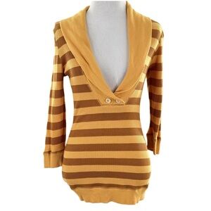 splendid sweater S yellow brown stripes v-neck waffle knit vintage y2k 2000s